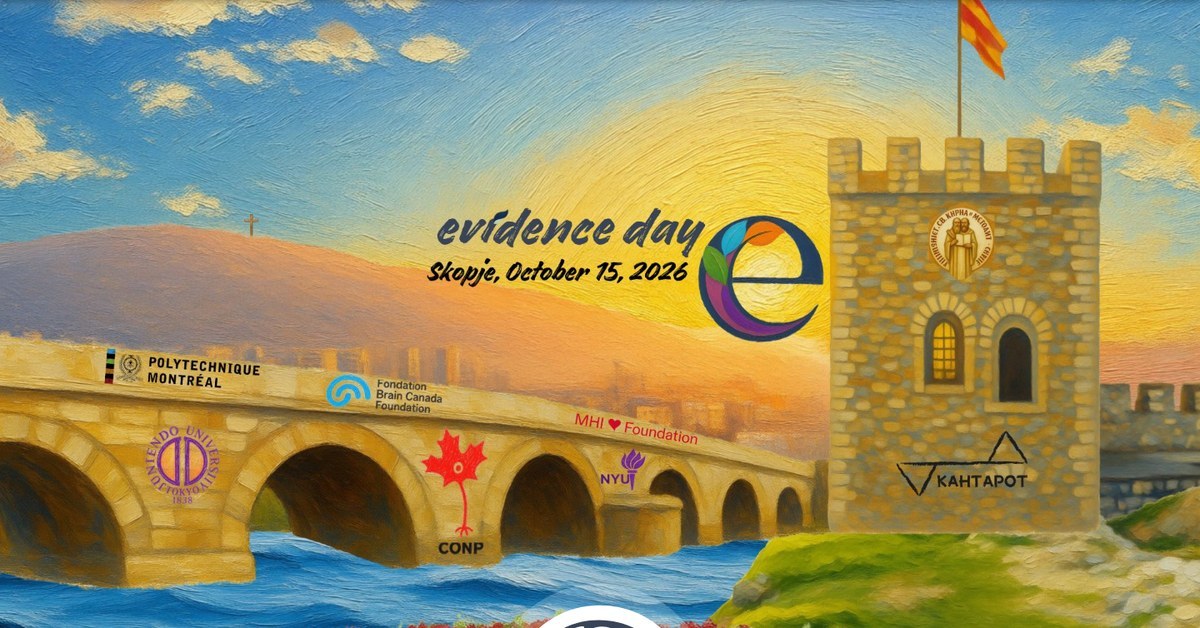 The Evidence Day 2026 website, showing a painted view of Skopje with the event title, the date and partner logos
